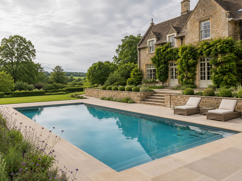 Luxury outdoor swimming pool beside a traditional UK country home