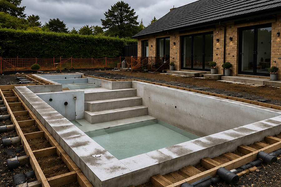 Swimming pool construction beside a UK home